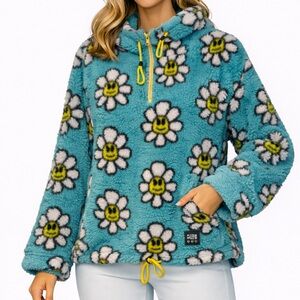 Alab Sherpa Hoodie Teddy Fleece Sweatshirt‎ Sz Med Stretch Peace Flowers Smiley